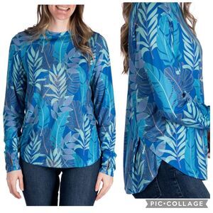REALTREE Fishing Top Blue Leaves Print Women Size Small Long Sleeve Round Neck